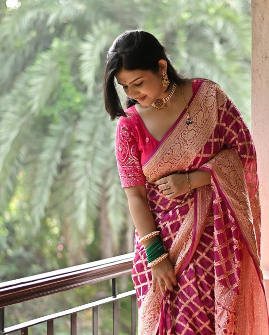 Cerise Pink Woven Banarasi Saree