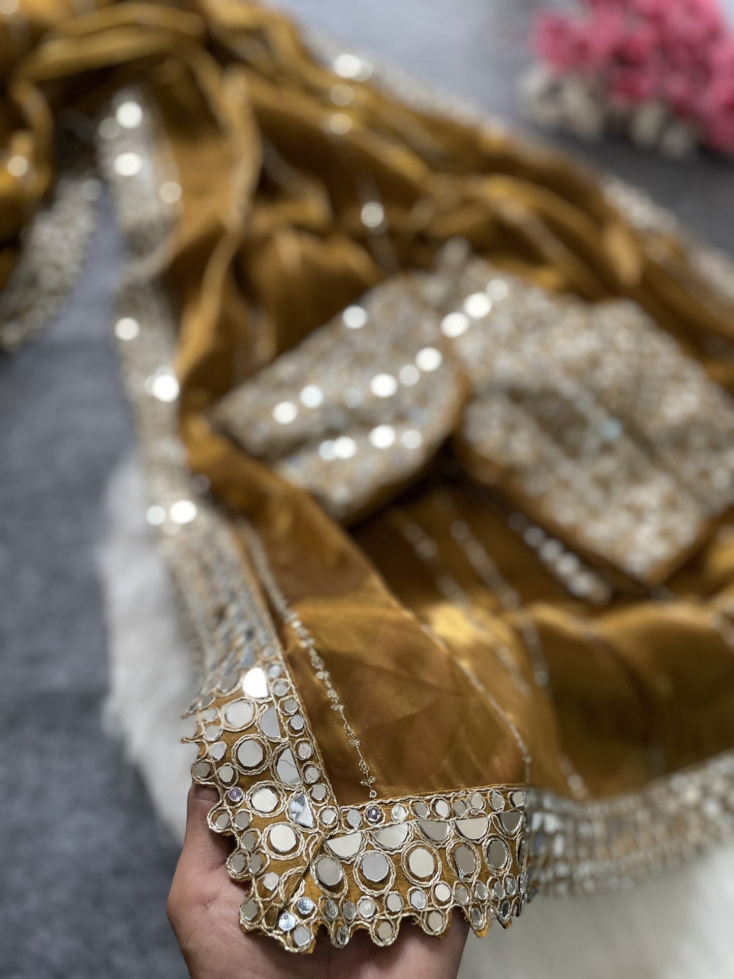Leucous Golden Sequnece With Mirror Work