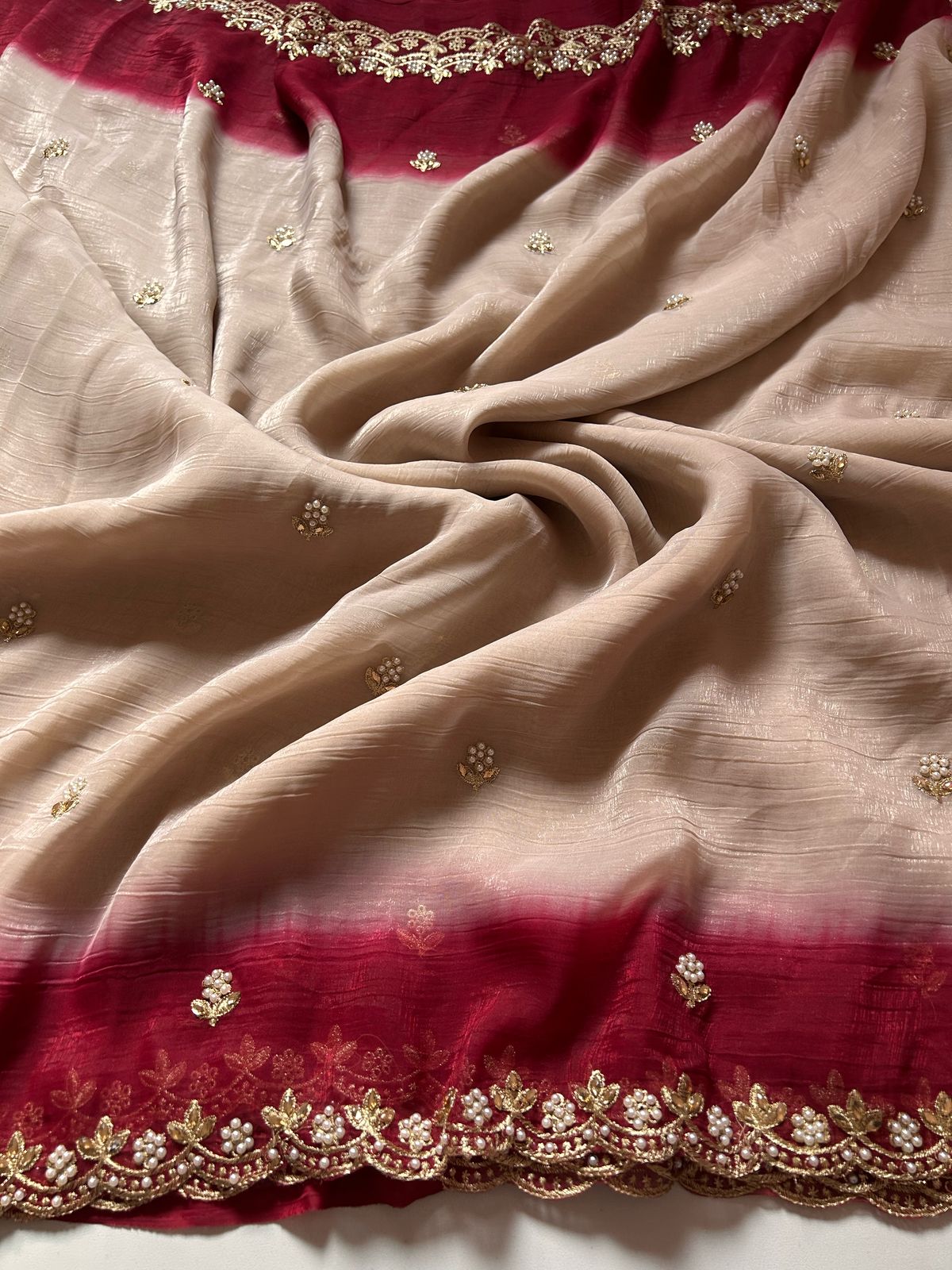 Lackluster Beige Chiffon Silk With Embroidery Saree