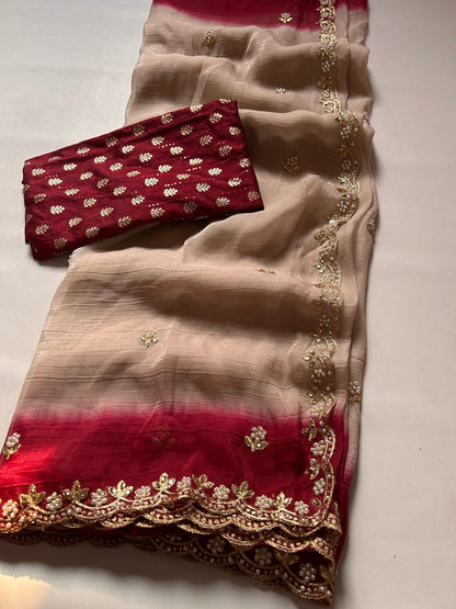 Lackluster Beige Chiffon Silk With Embroidery Saree