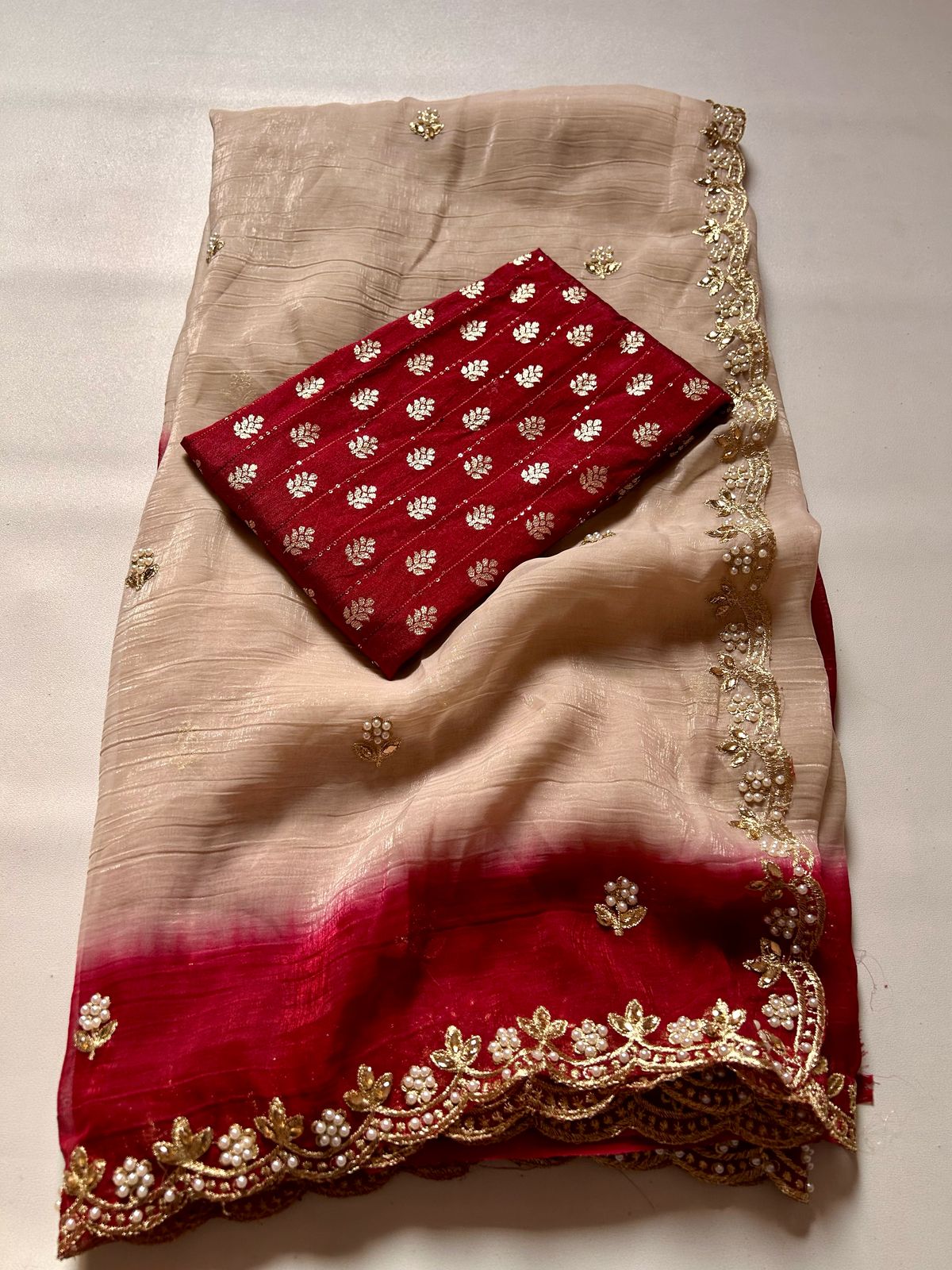 Lackluster Beige Chiffon Silk With Embroidery Saree