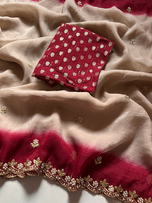 Lackluster Beige Chiffon Silk With Embroidery Saree