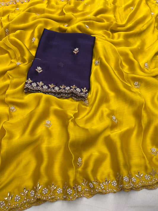 Crimson Satin Chiffon Embroidery Saree