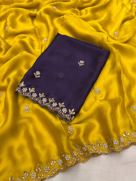 Crimson Satin Chiffon Embroidery Saree