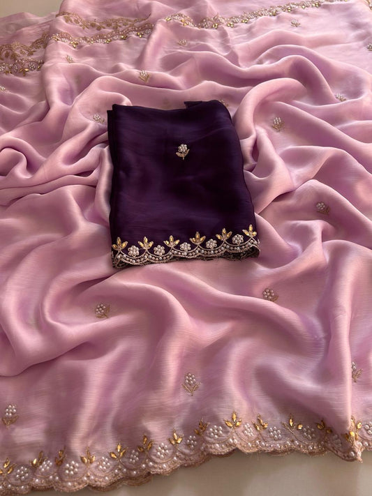 Satin Chiffon Embroidery Saree