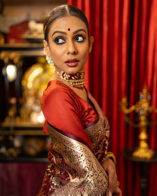 Abandon Maroon Woven Banarasi Saree