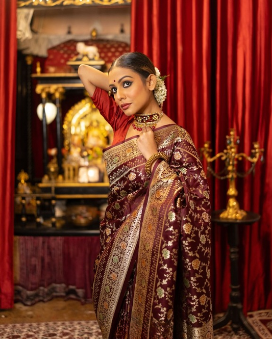 Abandon Maroon Woven Banarasi Saree