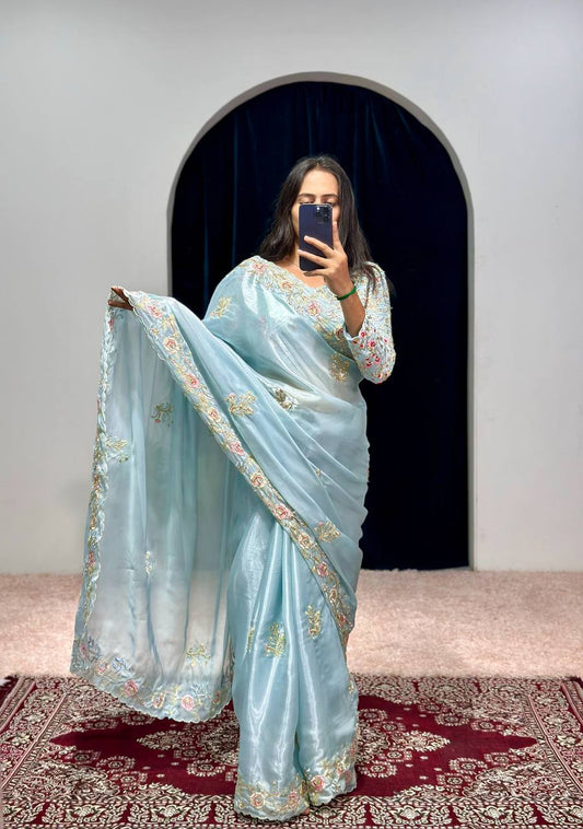 Cerulean Blue Embroidery Saree