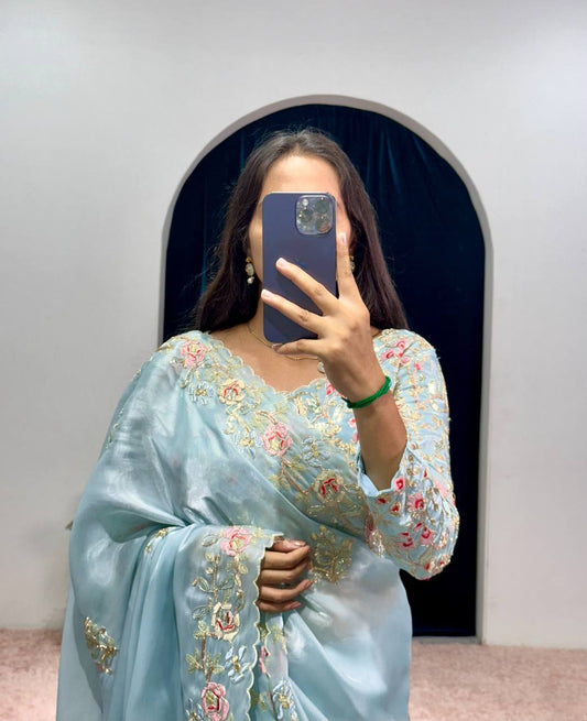 Cerulean Blue Embroidery Saree