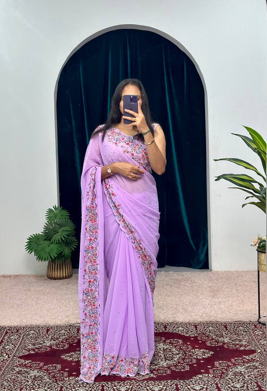Lavender Purple Embroidery Saree