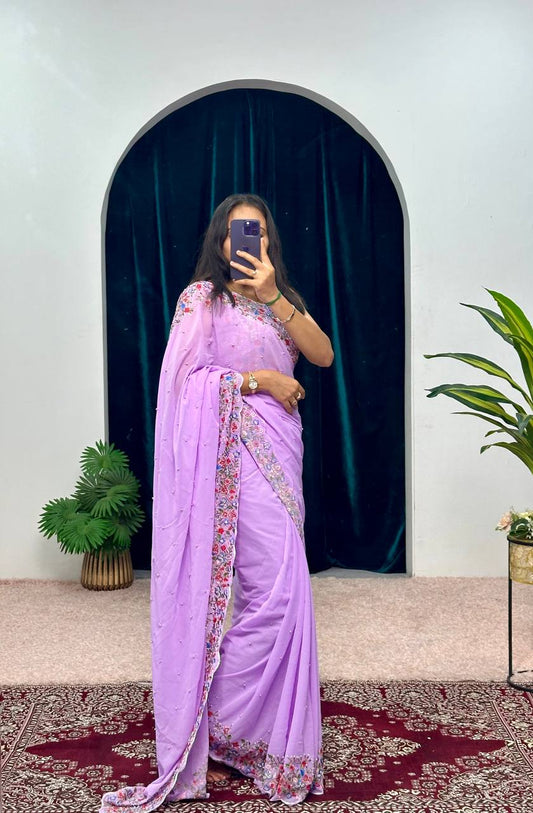 Lavender Purple Embroidery Saree