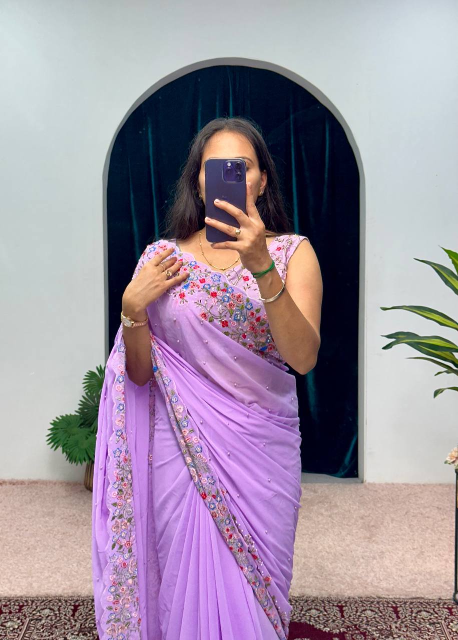 Lavender Purple Embroidery Saree
