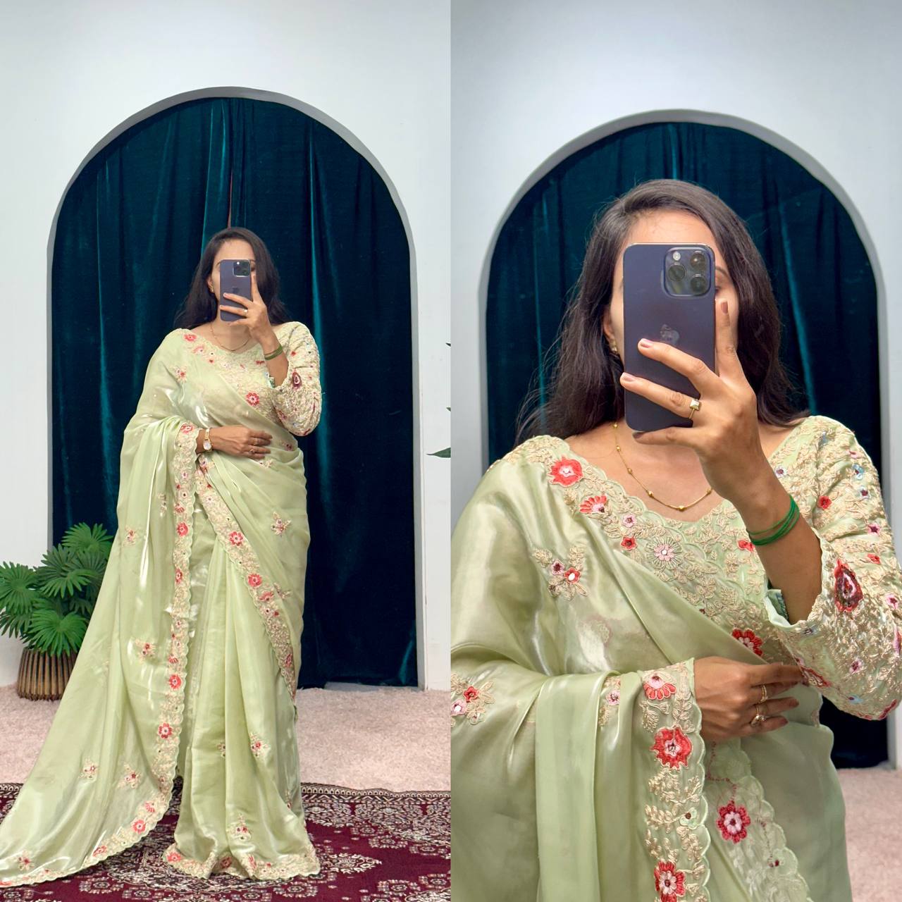 Feracious Green Embroidery Saree