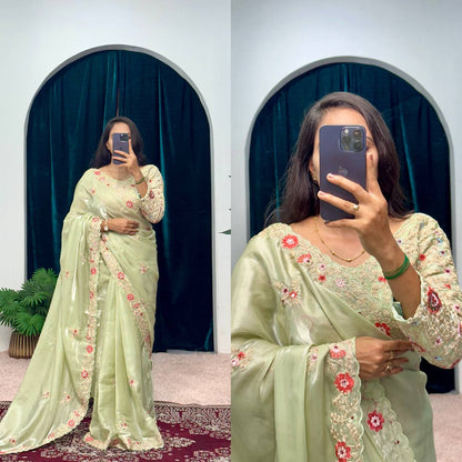 Feracious Green Embroidery Saree