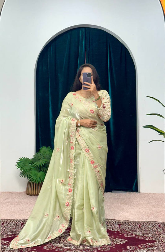 Feracious Green Embroidery Saree