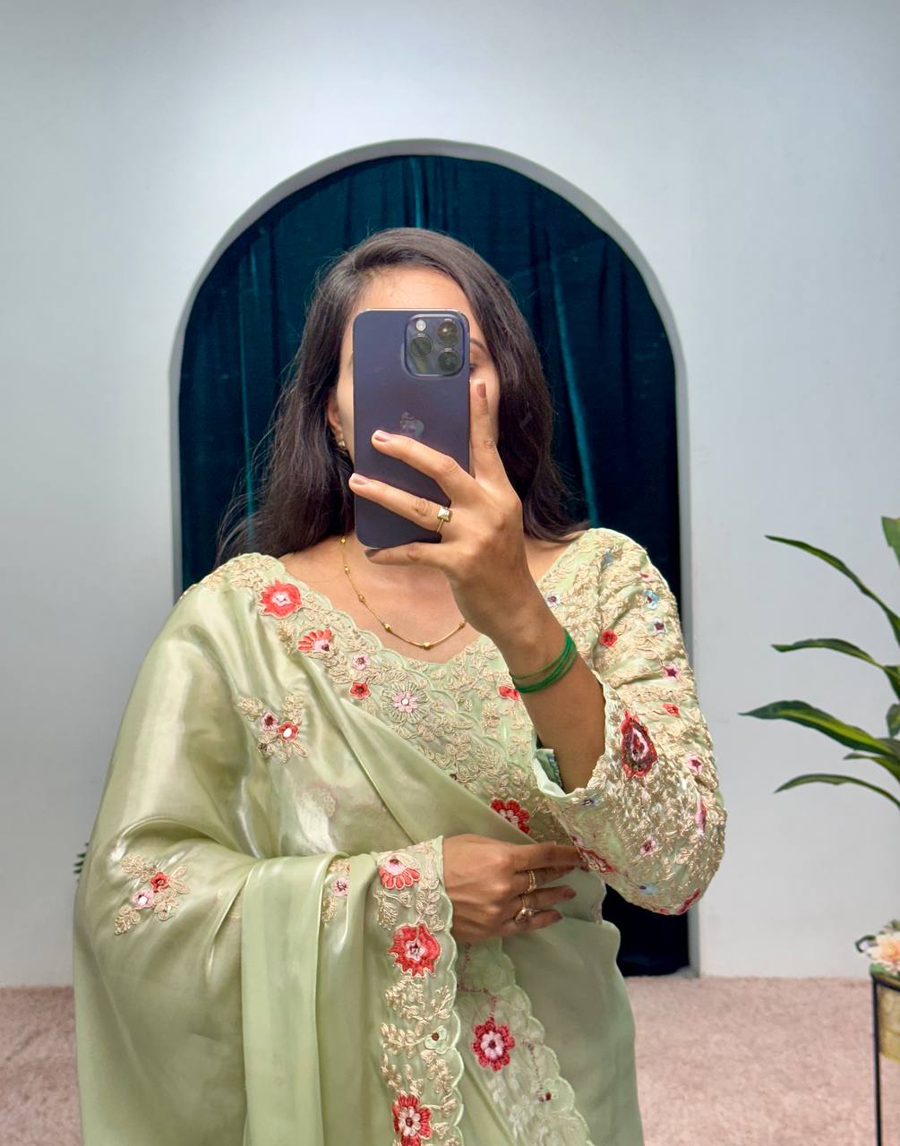 Feracious Green Embroidery Saree