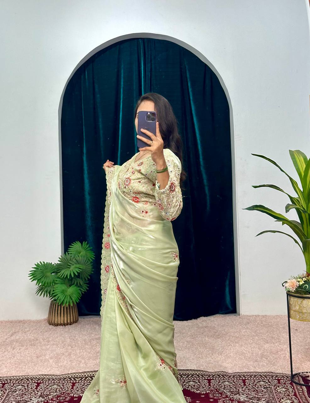 Feracious Green Embroidery Saree