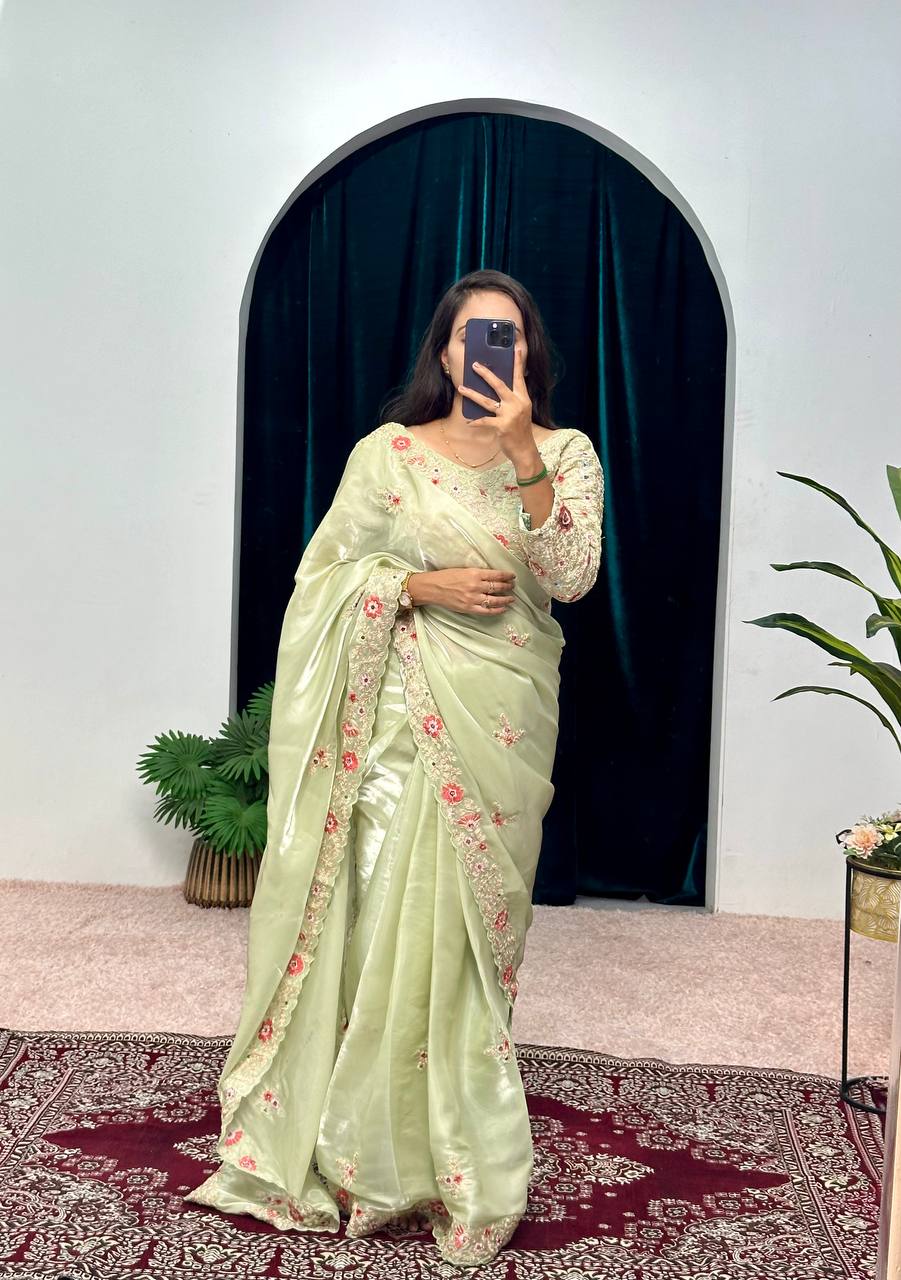 Feracious Green Embroidery Saree