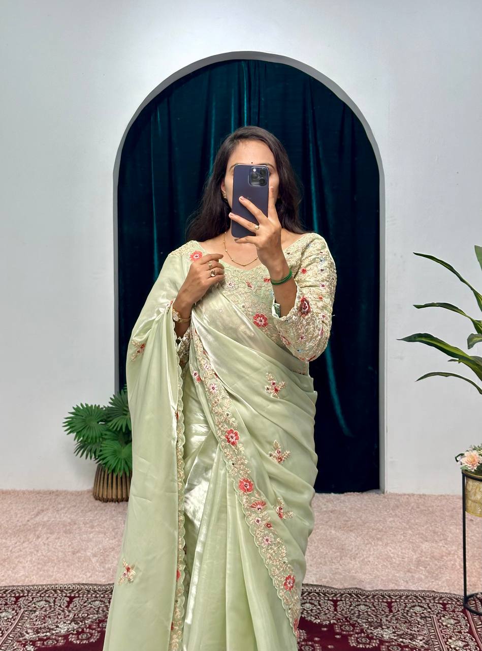 Feracious Green Embroidery Saree