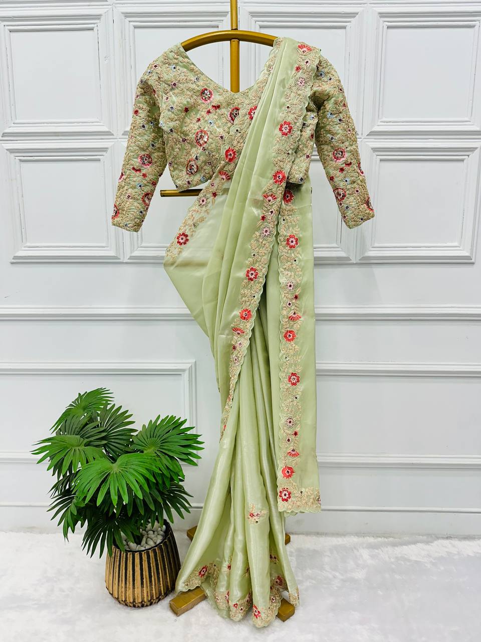 Feracious Green Embroidery Saree