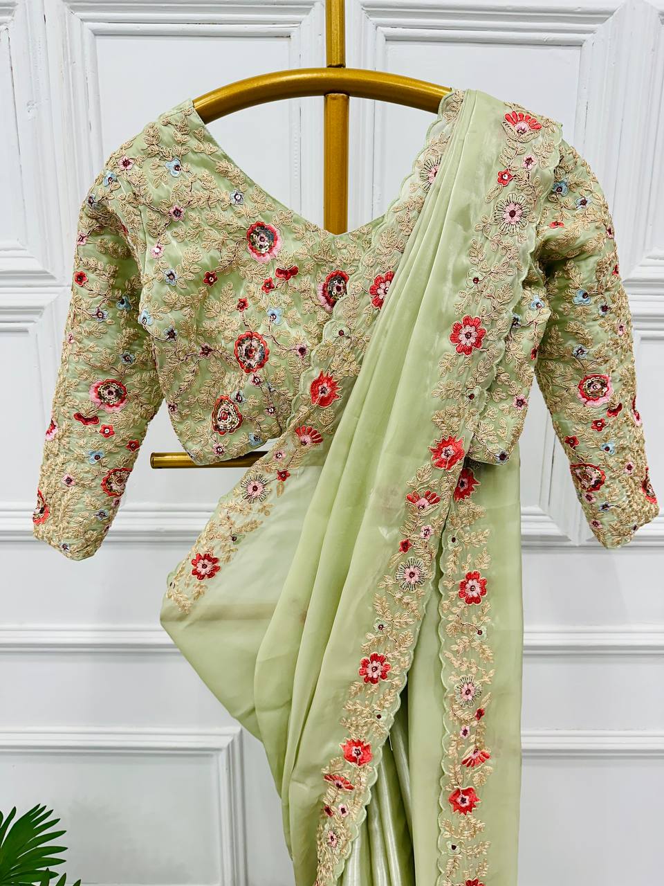 Feracious Green Embroidery Saree