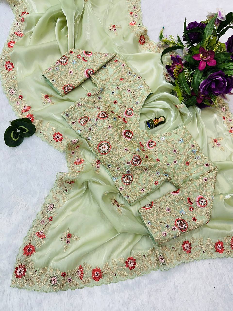 Feracious Green Embroidery Saree