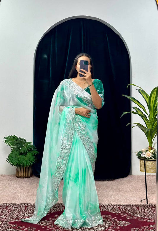 Cerulean Sky Blue Embroidery Saree