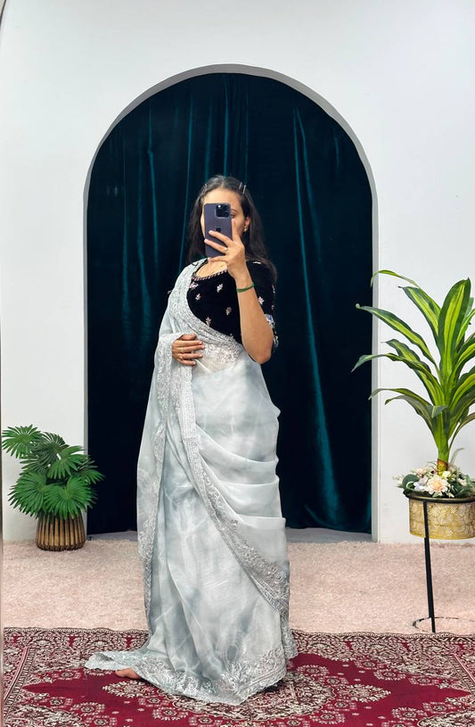 Argentate Gray Embroidery Saree