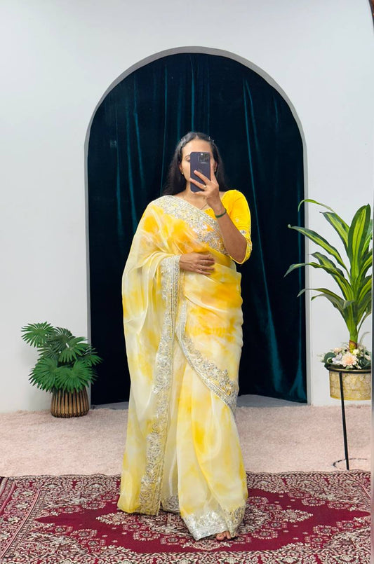 Tawny Yellow Embroidery Saree