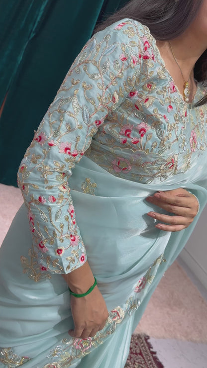 Cerulean Blue Embroidery Saree