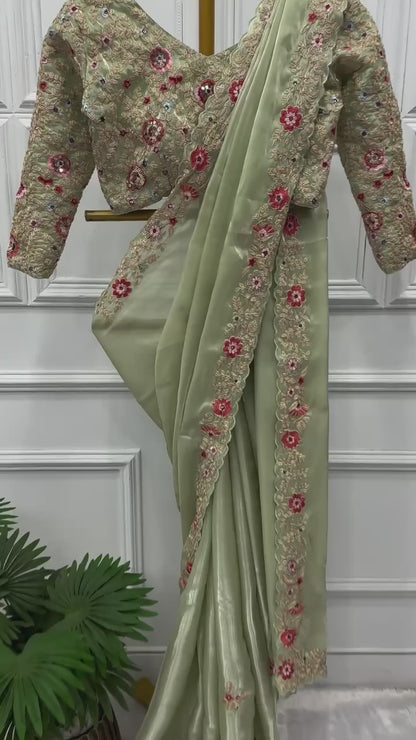 Feracious Green Embroidery Saree