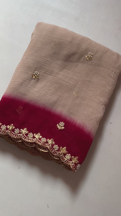 Lackluster Beige Chiffon Silk With Embroidery Saree